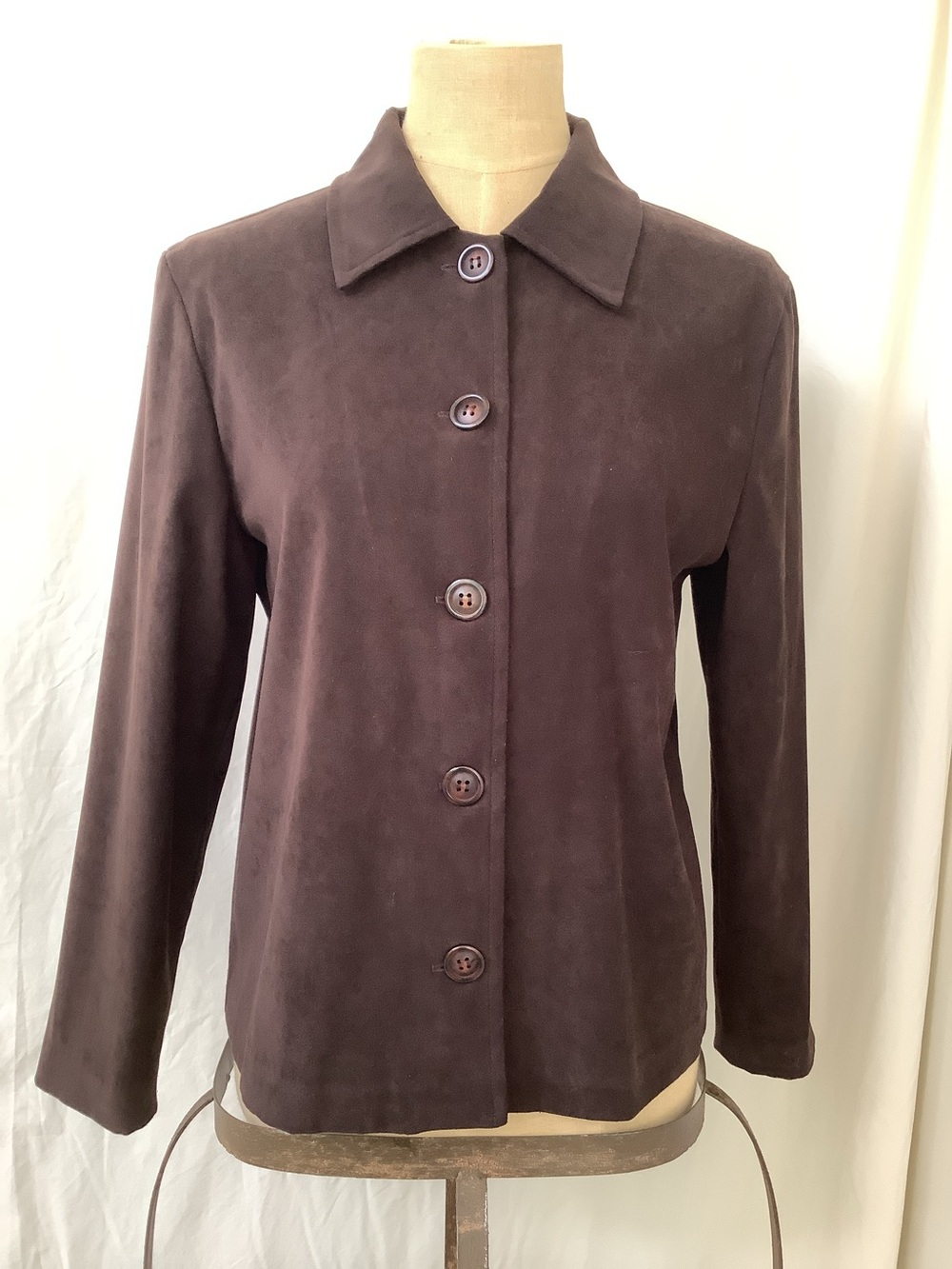 Briggs Petite Top Blouse Shirt-Brown-Polyester Spandex Blend-Button Close-XS/P